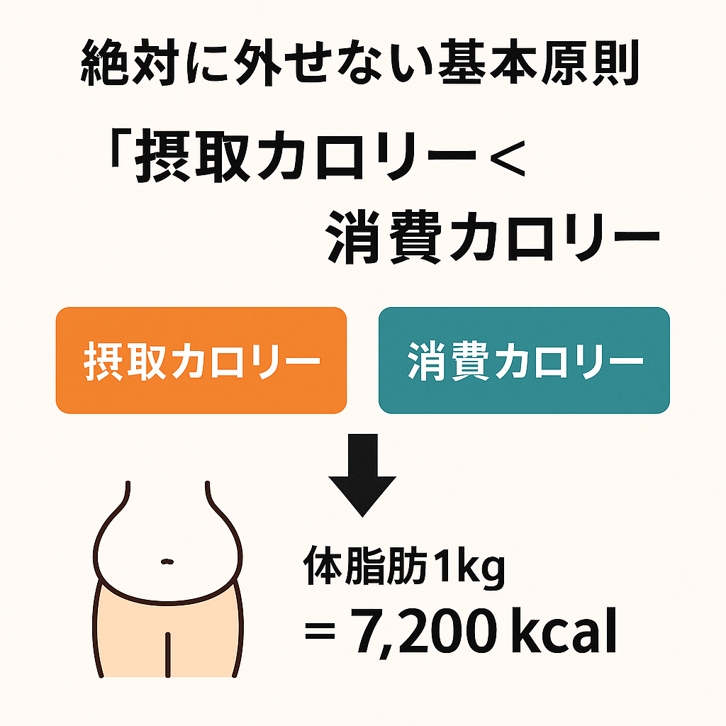 • カロリー収支の図解(摂取<消費の矢印図)
• 「体脂肪1kg=7,200kcal」と書いたシンプルな図解